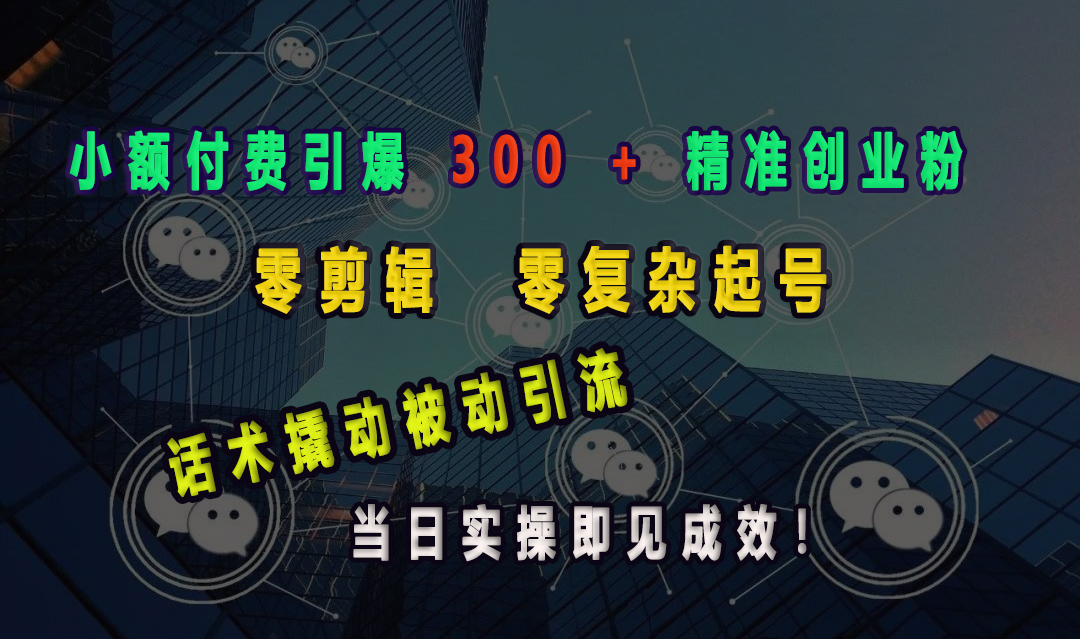 小额付费引爆 300 + 精准创业粉，零剪辑、零复杂起号，话术撬动被动引流，当日实操即见成效！-玖儿的学习笔记