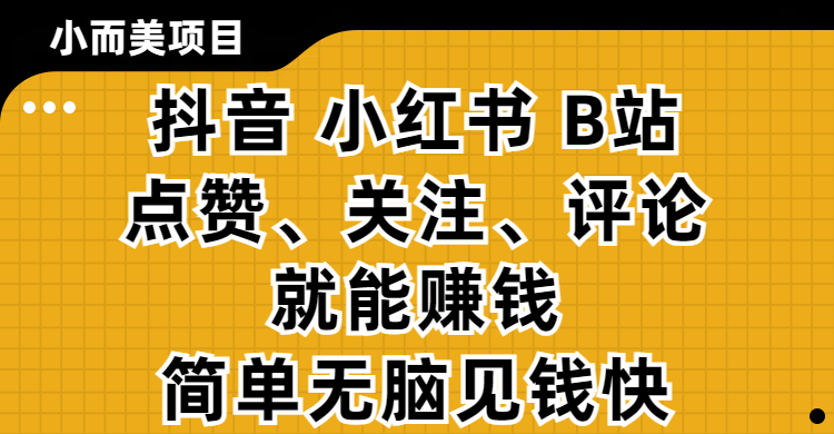 小而美的项目，抖音、小红书、B站视频点赞、关注、评论就能赚钱，简单无脑立见收益！妥妥的零撸项目-玖儿的学习笔记