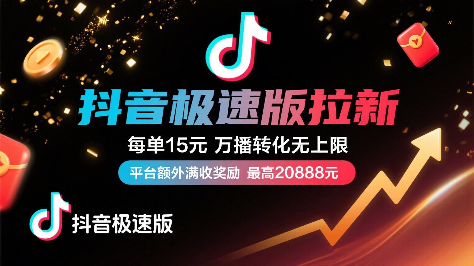 抖音极速版放福利，每单15元，万播转化无上限，平台额外满收奖励，最高可领20888元-玖儿的学习笔记