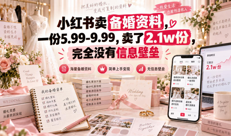 小红书卖备婚资料,一份5.99-9.99,卖了2.1w份,完全没有信息壁垒-玖儿的学习笔记