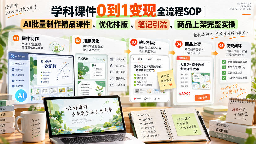 学科课件0到1变现全流程SOP|AI批量制作精品课件、优化排版、笔记引流、商品上架完整实操-玖儿的学习笔记