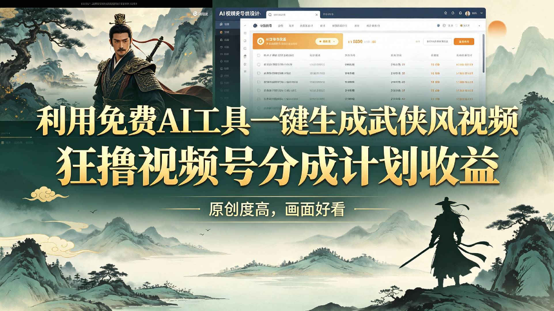 利用免费AI工具一键生成武侠风视频,狂撸视频号分成计划收益,原创度高,画面好看-玖儿的学习笔记