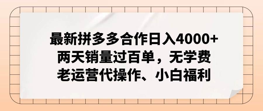 最新拼多多合作日入4000+两天销量过百单，无学费、老运营代操作、小白福利-玖儿的学习笔记